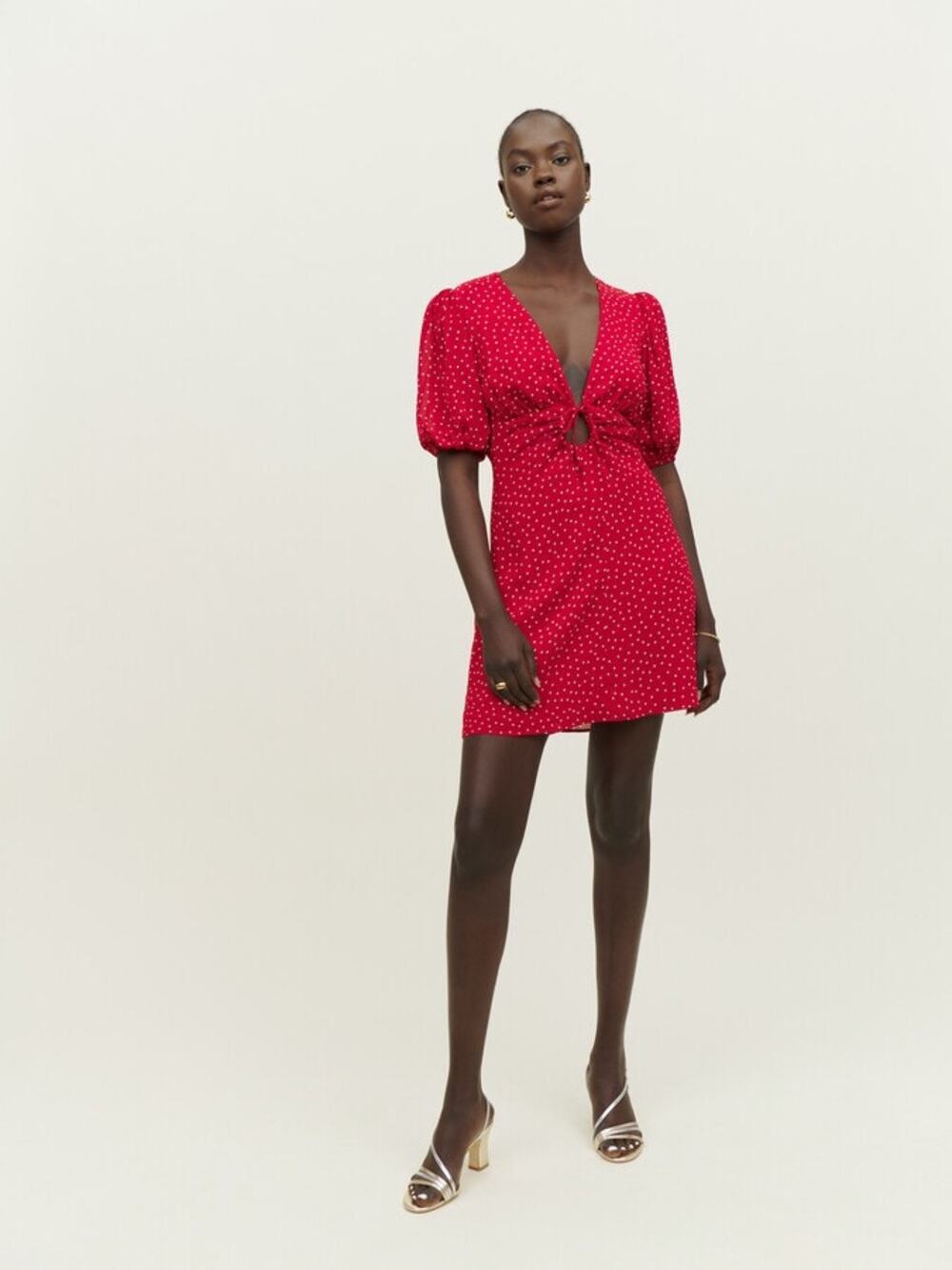 Reformation Cressida Puff Sleeve Mini Dress Red Polka Dot Cut Out Zip Sz 2